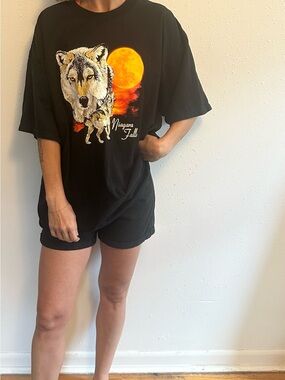 Vintage Black Wolf Graphic Tee with Orange Moon